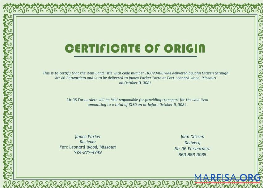 Realistic USA Origin Cert template